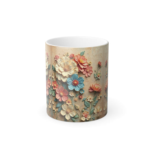 Embossed-like Floral Color Morphing Mug, Handmade Paper Texture, 11oz, Unique Coffee Cup, Heat Sensitive Mug, Minimalist Kitchen Decor