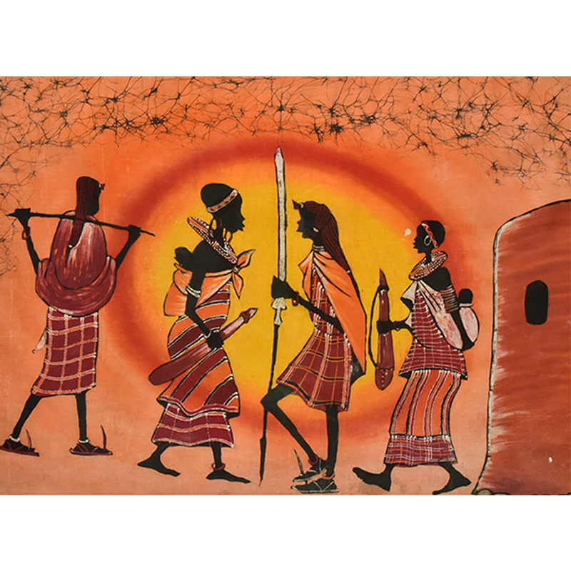 Maasai Warrior Sunset Batik Art 01-0