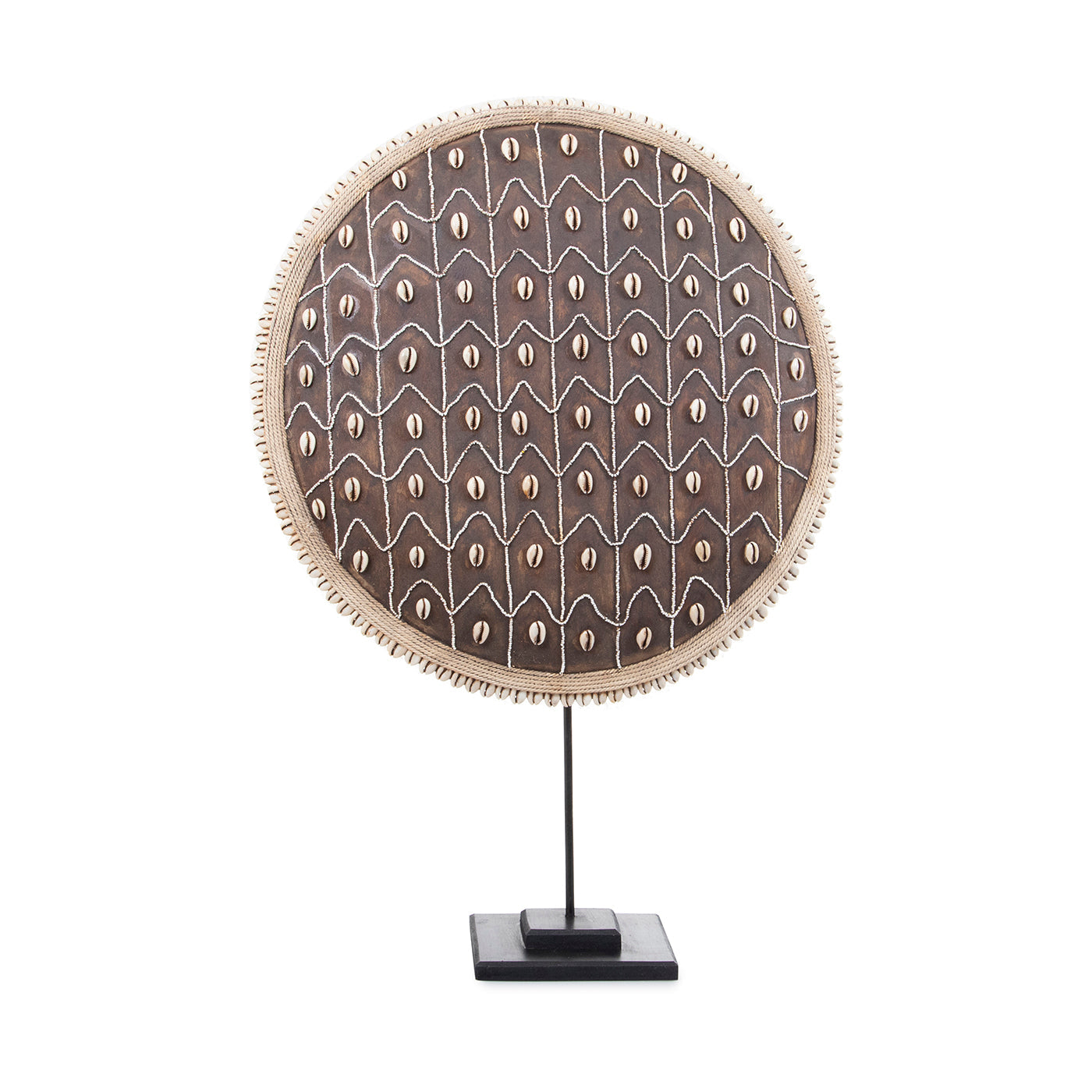 Wooden Natural Cameroon Shield with Cowrie Shells on Stand | Beaded Triangle Design-1