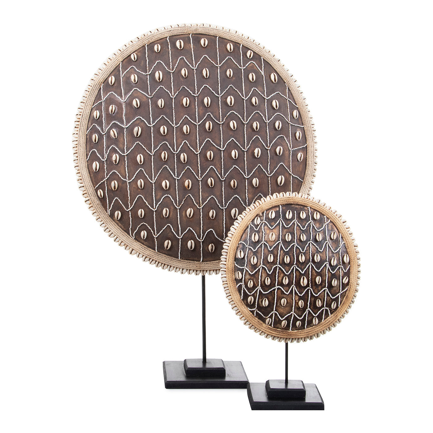 Wooden Natural Cameroon Shield with Cowrie Shells on Stand | Beaded Triangle Design-0