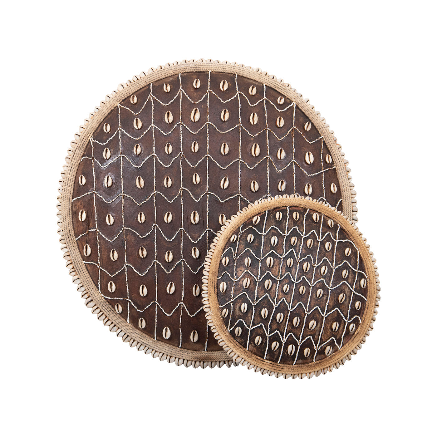 Wooden Natural Cameroon Shield with Cowrie Shells on Stand | Beaded Triangle Design-2