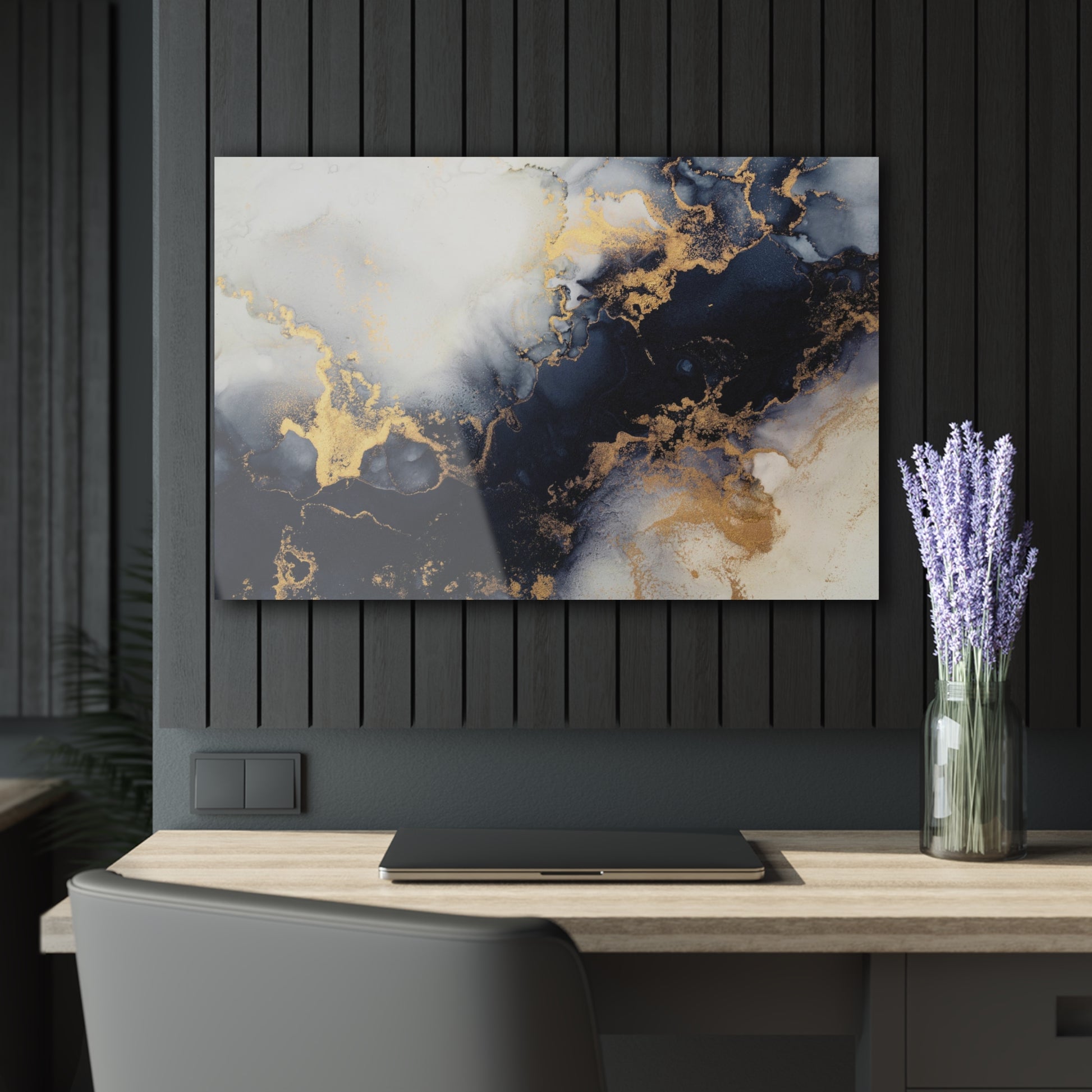 Tempered glass wall art - Black ink and gold dust-3