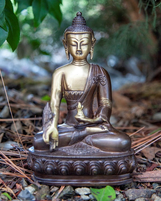 Medicine Brass Buddha Sitting On Lotus in Meditation Pose-0