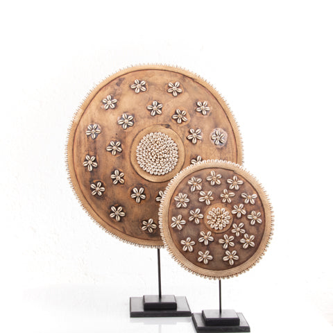 Wooden Natural Cameroon Shield with Cowrie Shells on Stand | Floral Design-0