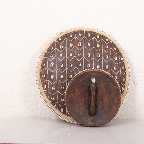 Wooden Natural Cameroon Shield with Cowrie Shells on Stand | Beaded Triangle Design-3